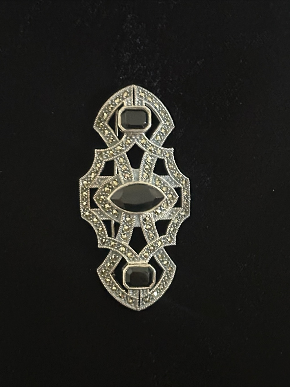 Antique Silver-Tone Brooch with Black Glass Accents